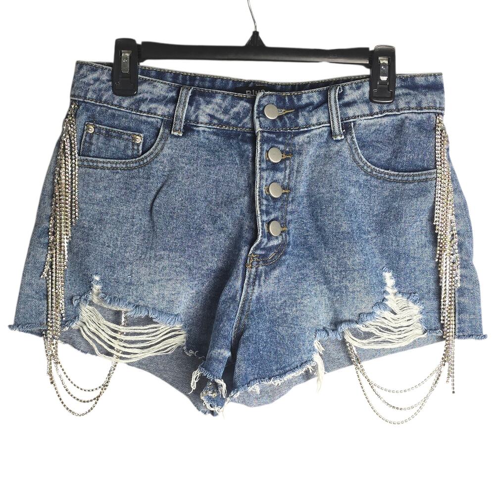Blue B Womens Large Jean Shorts Distressed Rhinestone Chain Fringe Y2K Glam Punk
